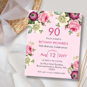 Pink Floral 90th Budget Birthday Invitation