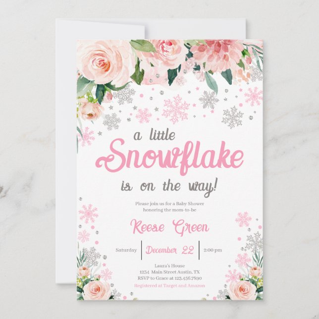  Pink Floral A Little Snowflake Baby Shower Invitation (Front)