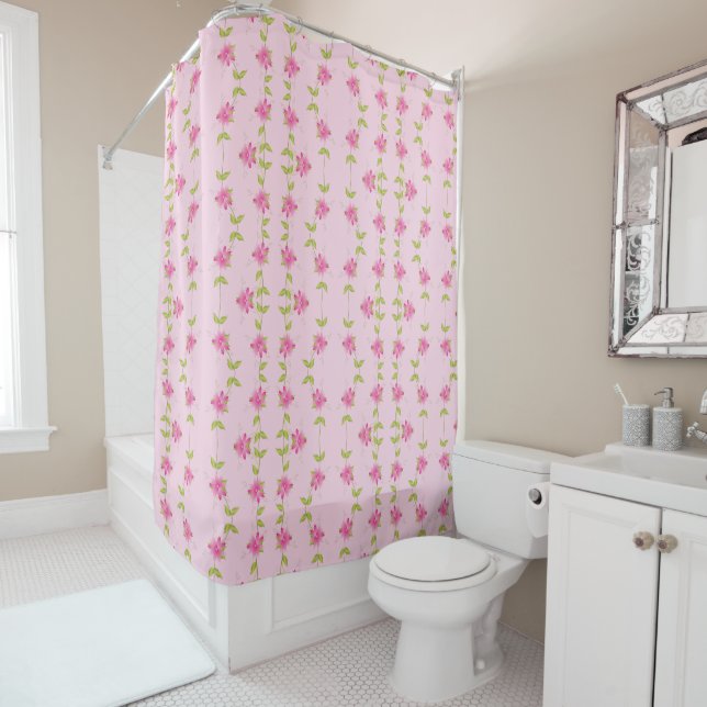 Pink Floral Accented With Lime Green Shower Curtain (In Situ)