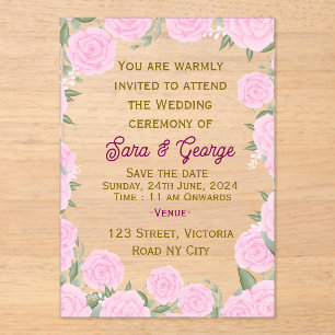 Pink Floral Acrylic Wedding Invitation 