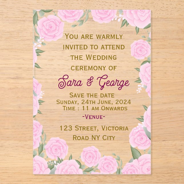 Pink Floral Acrylic Wedding Invitation  (Front)