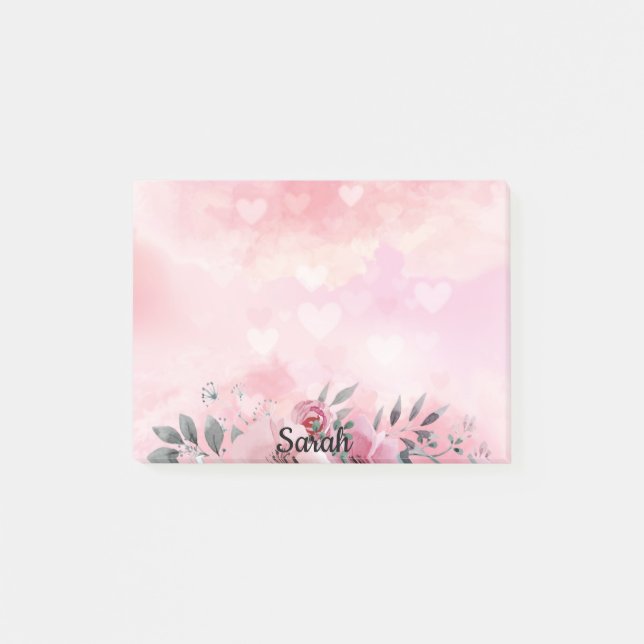 Pink Floral Add Name Cute Office Gift Post-it Notes (Front)