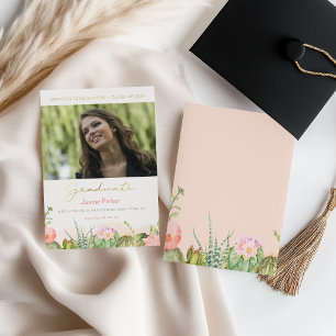Pink Floral Add Your Photo Graduation Announcement