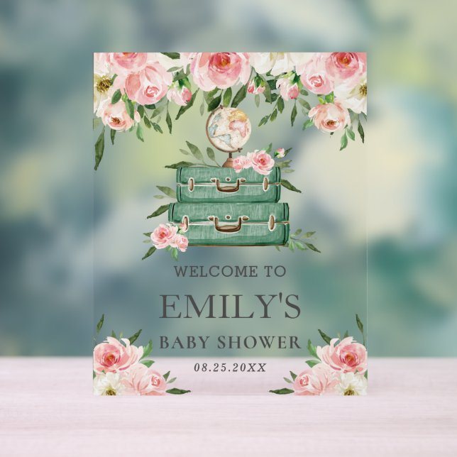 Pink Floral Adventure Journey Baby Shower Welcome Acrylic Sign (Neutral)