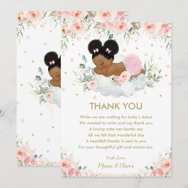 Pink Floral African American Baby Shower Birthday  Thank You Card (Front/Back)