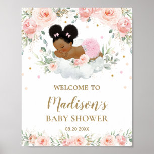 Pink Floral African American Baby Shower Welcome Poster