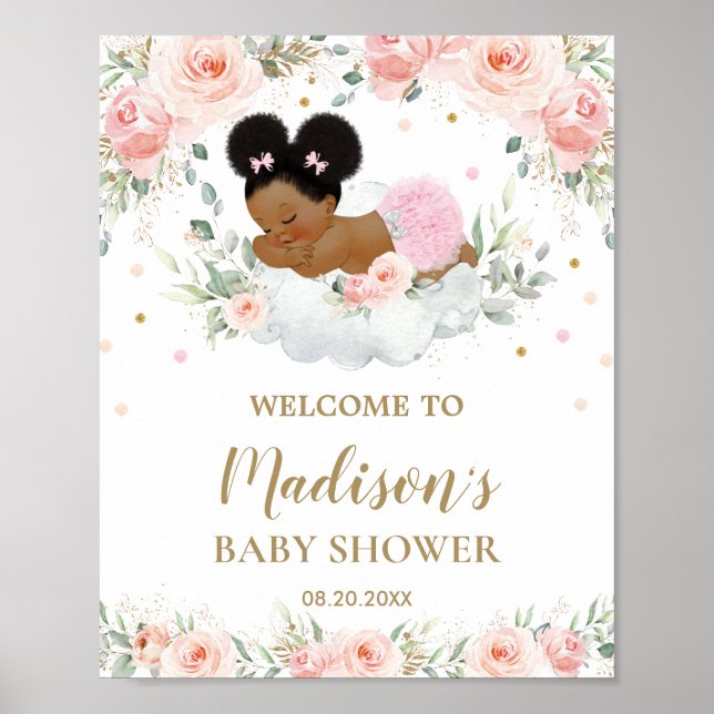 Pink Floral African American Baby Shower Welcome  Poster (Front)