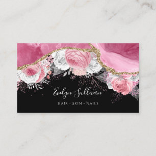 pink floral agate on black business card