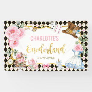 Pink Floral Alice in Onederland 1st Birthday Banner