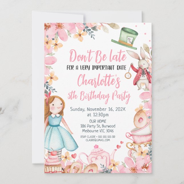 Pink Floral  Alice In Wonderlan Birthday  Invitation (Front)