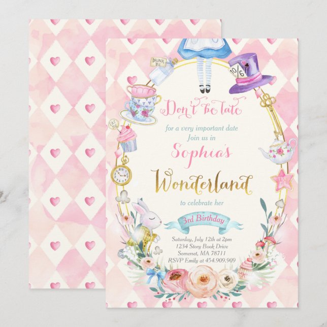 Pink Floral Alice In Wonderland Birthday Tea Party Invitation (Front/Back)
