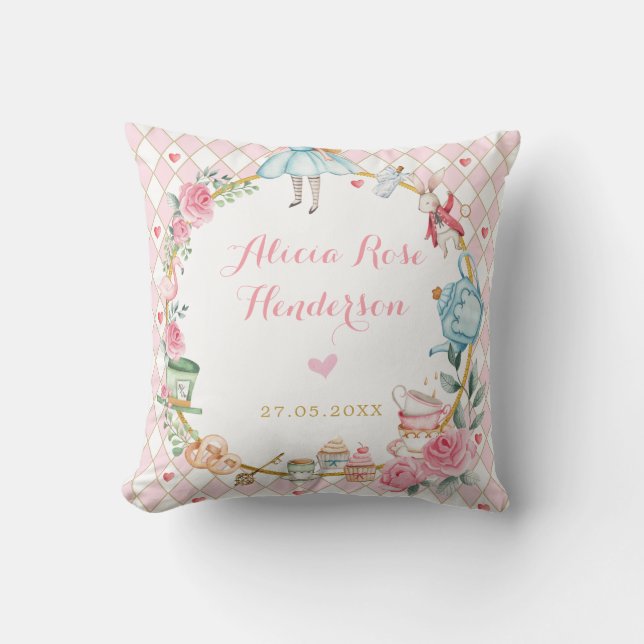 Pink Floral Alice in Wonderland Mad Tea Baby Girl Cushion (Front)