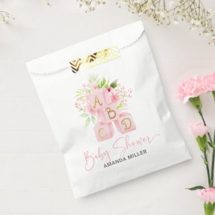 Pink Floral Alphabet Blocks Baby Shower Typography Favour Bags