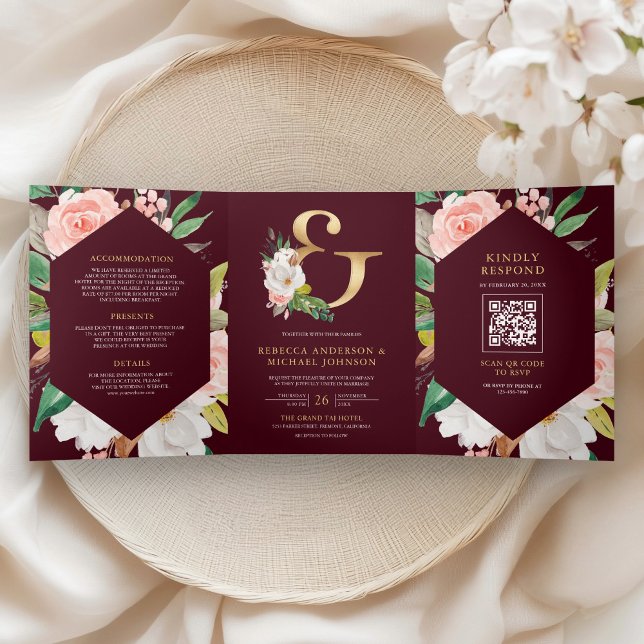 Pink Floral Ampersand Burgundy QR Code Wedding Tri-Fold Invitation (Creator Uploaded)