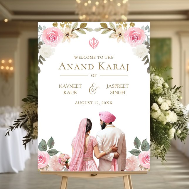 Pink Floral Anand Karaj Sikh Wedding Welcome Sign (Creator Uploaded)