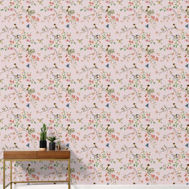 Pink Floral and Background With Hummingbirds Wallpaper (Hallway)
