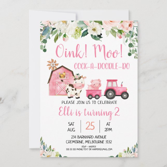 Pink Floral And Barn Farm Animals Birthday Invitation (Front)