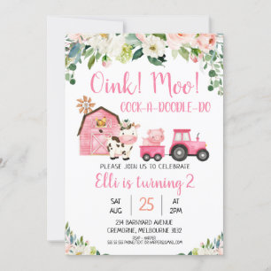 Pink Floral And Barn Farm Animals Birthday Invitation