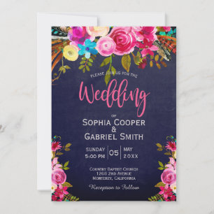 Pink Floral and Blue Typography Wedding Invitation