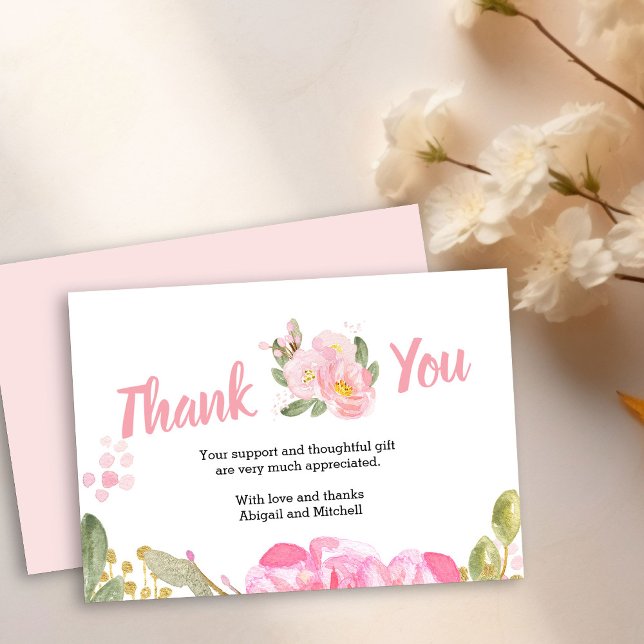 Pink Floral and Bold Handwritten Script Thank You Card (Pretty pink floral Thank you card)