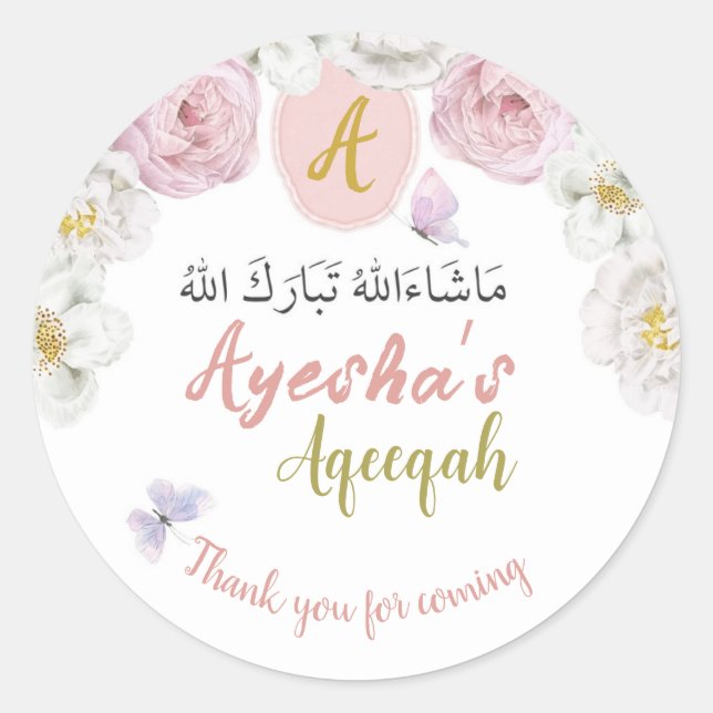 Pink Floral and butterfly Aqeeqah Favor Sticker (Front)
