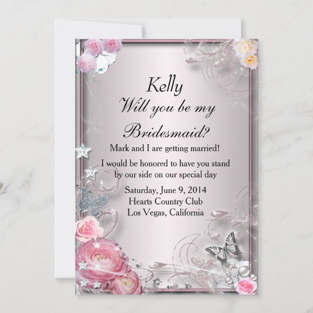 Pink Floral And Butterfly Bridesmaid Card (Front)