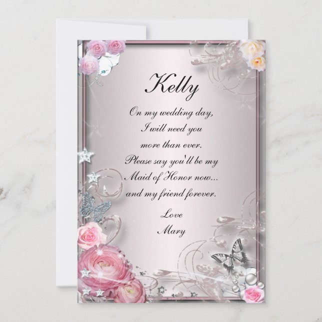 Pink Floral And Butterfly Maid Of Honour Card (Front)