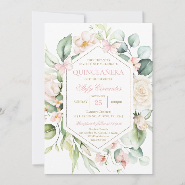 Pink Floral and Butterfly Quinceañera  Invitation (Front)