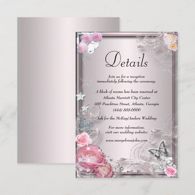 Pink Floral And Butterfly Wedding Details Enclosure Card (Front/Back)
