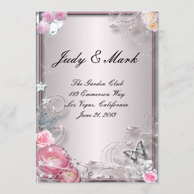 Pink Floral And Butterfly Wedding Menu Card (Front)