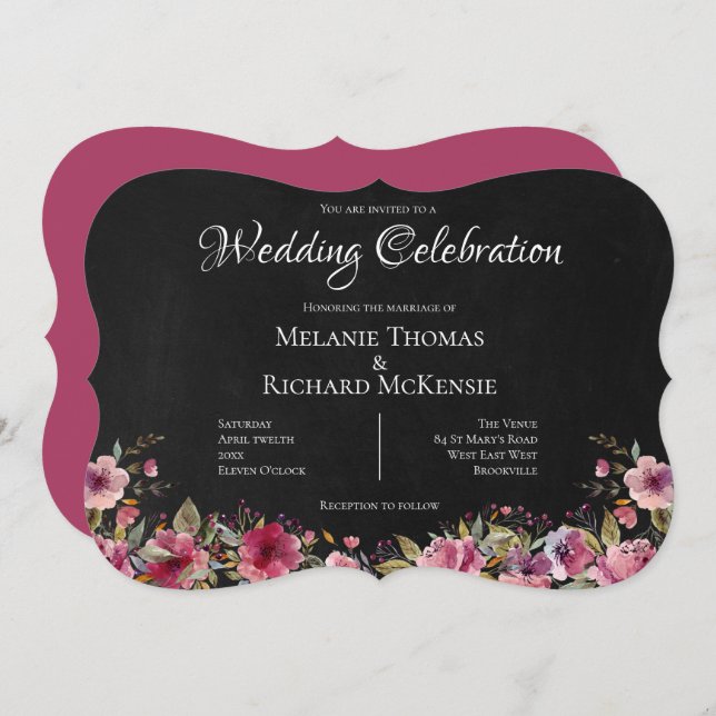 Pink Floral and Chalkboard Wedding Invitation (Front/Back)