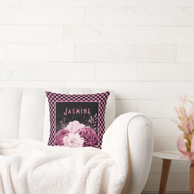 Pink Floral and Chequerboard Personalised Cushion (Couch)