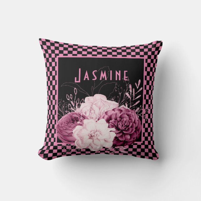 Pink Floral and Chequerboard Personalised Cushion (Front)