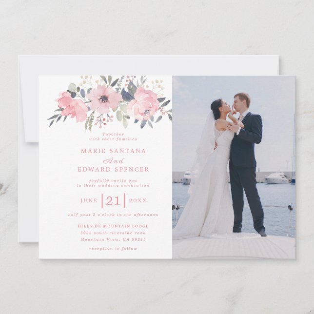 Pink floral and custom couple photo wedding invitation (Front)