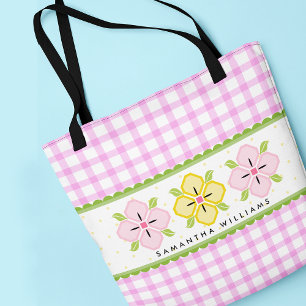 Pink Floral and Gingham Monogram Tote Bag