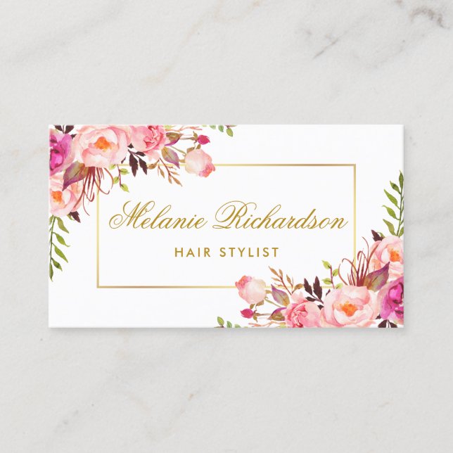 Pink Floral and Gold Hair Stylist Appointment Card (Front)