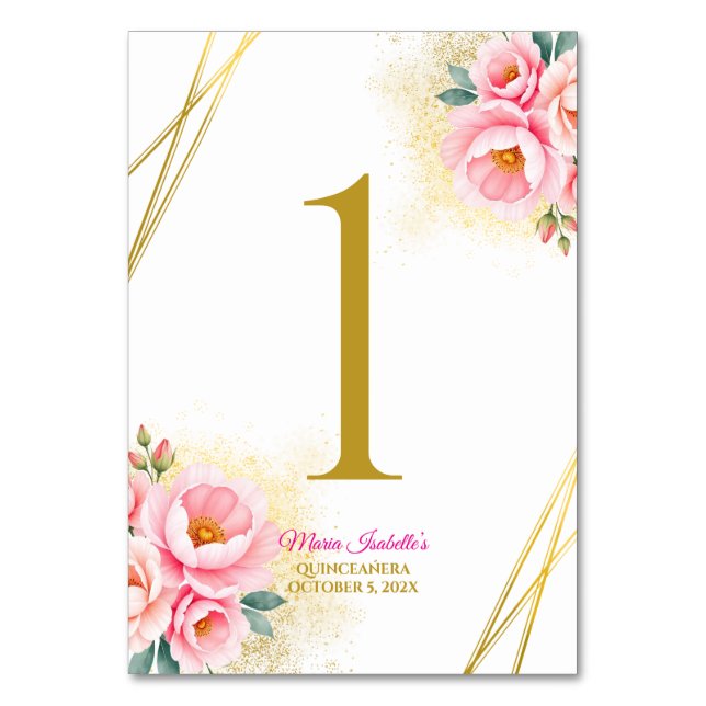 Pink Floral and Gold Quinceańera Table Number (Front)