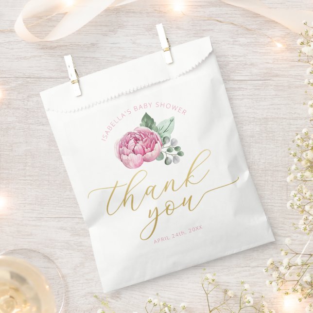 Pink Floral and Gold Script Baby Shower Thank You  Favour Bags (Clipped)