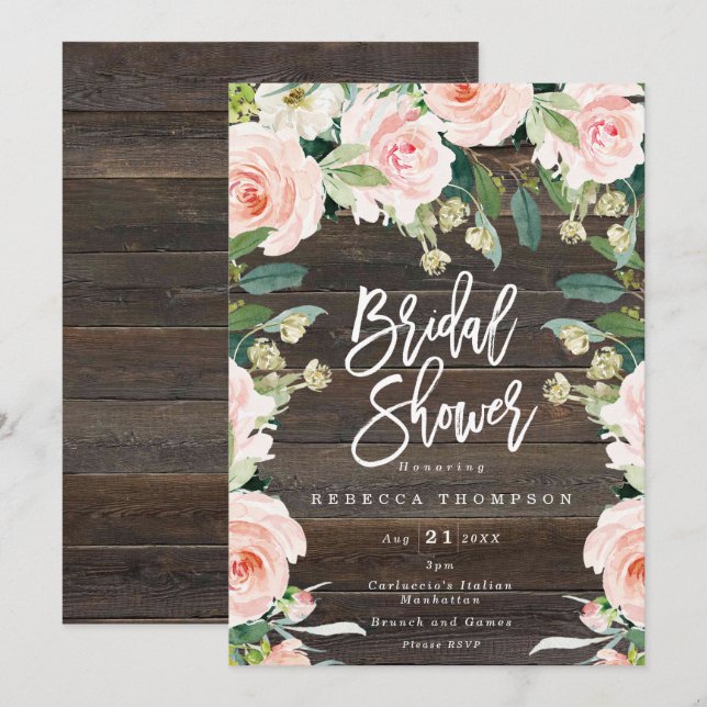 pink floral and greenery boho modern bridal shower invitation (Front/Back)