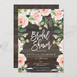 pink floral and greenery boho modern bridal shower invitation