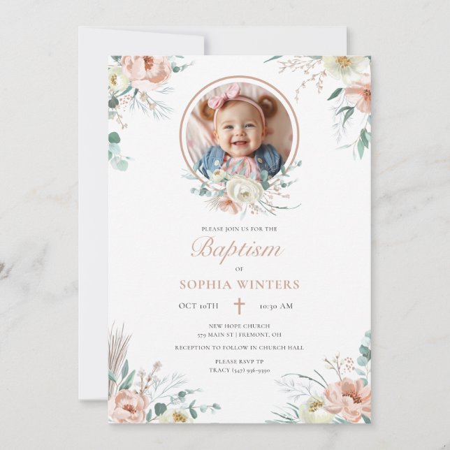 Pink Floral And Greenery Photo Baptism Invitation (Front)