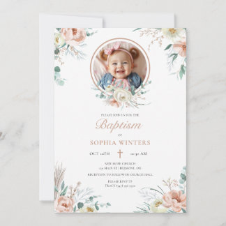 Pink Floral And Greenery Photo Baptism Invitation