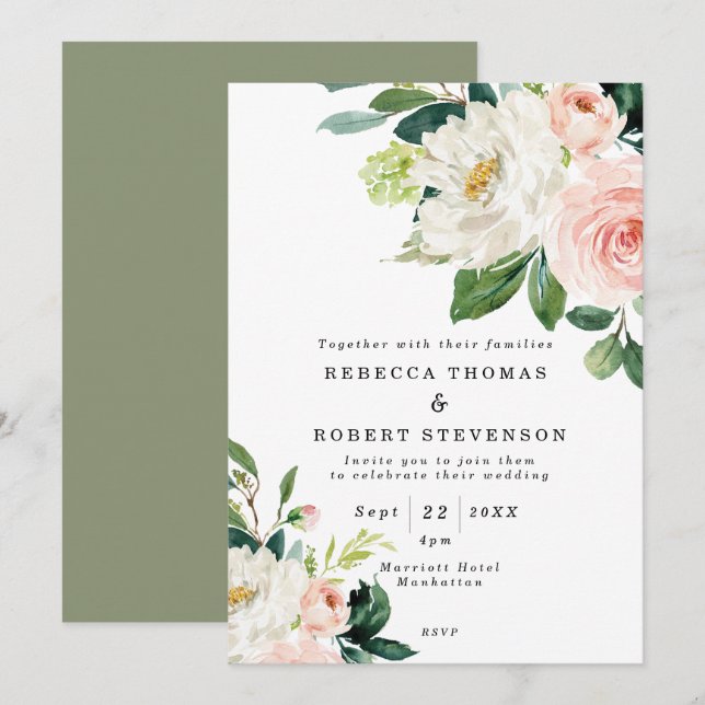 pink floral and greenery rustic boho wedding invitation (Front/Back)