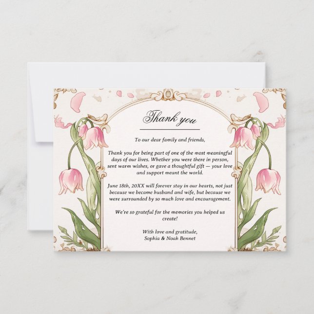 Pink Floral and Greenery Wedding Thank you Card (Front)