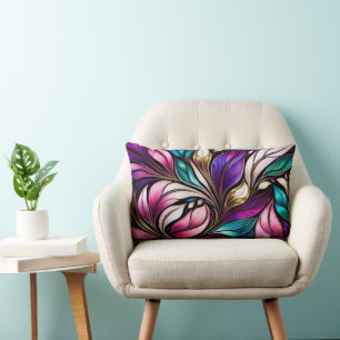 Pink Floral and leaves Stained Glass Look Lumbar Cushion