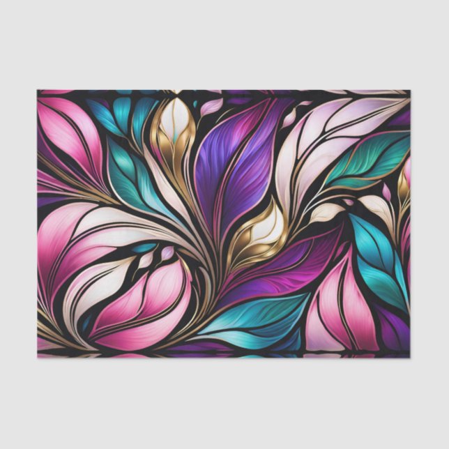 Pink Floral and leaves Stained Glass Look Tissue Paper (Front)