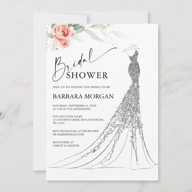Pink Floral and Silver Wedding Dress Bridal Shower Invitation (Front)