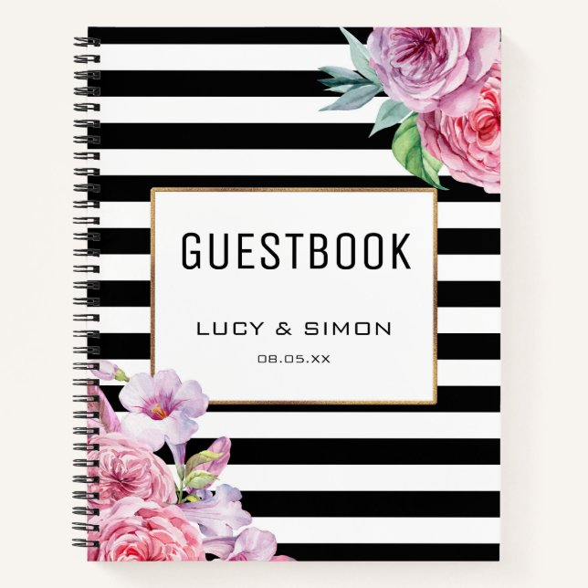 Pink Floral and Stripes Notebook Guestbook (Front)