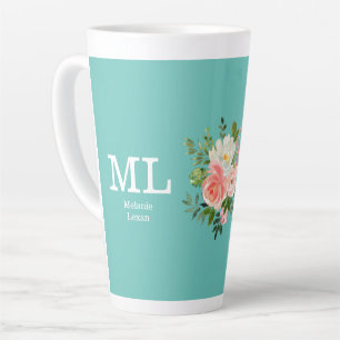 Pink Floral and Teal Monogram Latte Mug