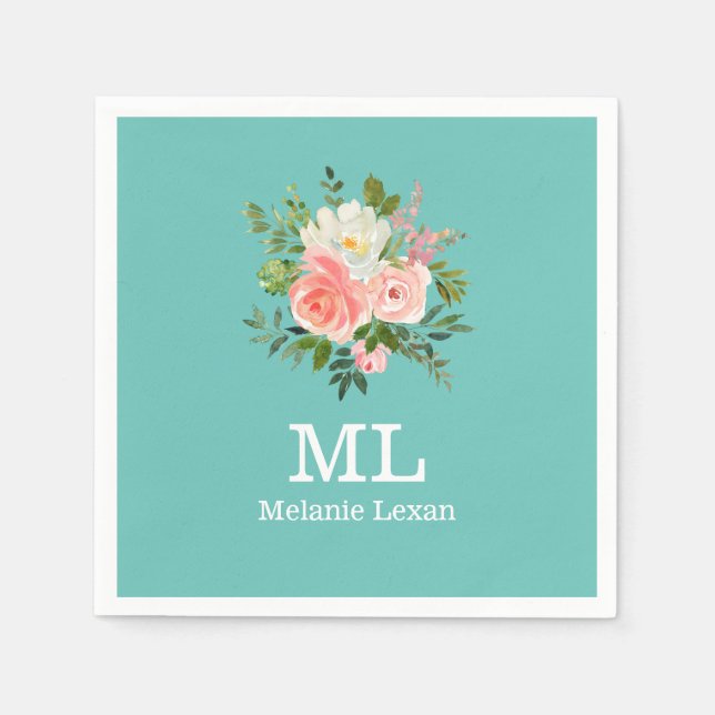 Pink Floral and Teal Monogram  Napkin (Front)